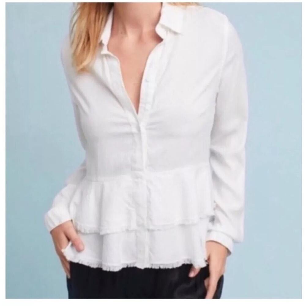 Cloth & Stone Anthropologie Tiered Peplum Blouse XS Frayed Hem 100% Tencel White